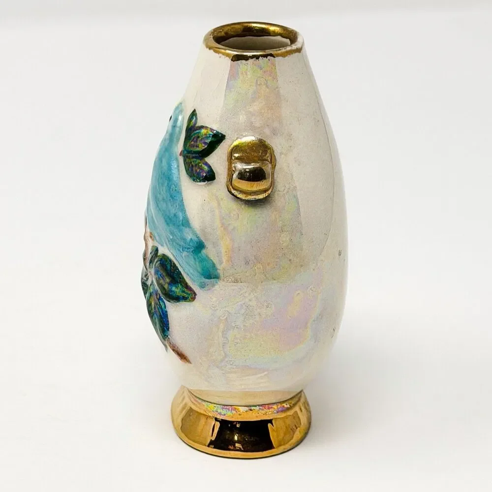Signed 1972 Studio Pottery 4.5” Lusterware Vase Birds Relief Gold Trim